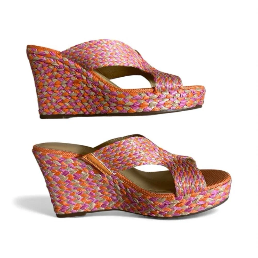 Marc Fisher Braided Wedge Sandals Pink Orange Size 10 – New 4” Heel
